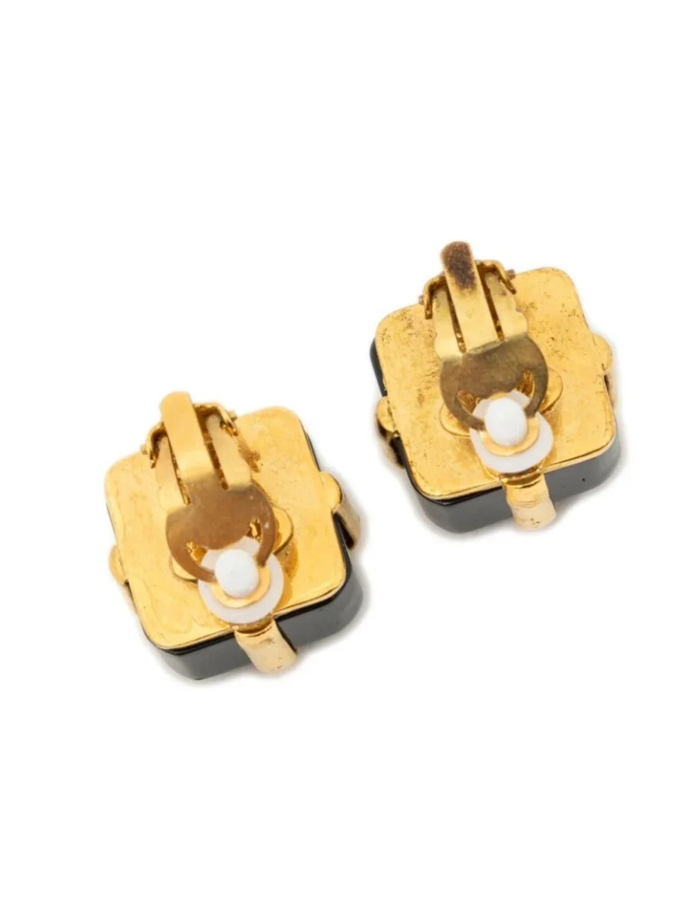 Chanel CC Enamel Cube Clip on Earrings Black Gold Plated